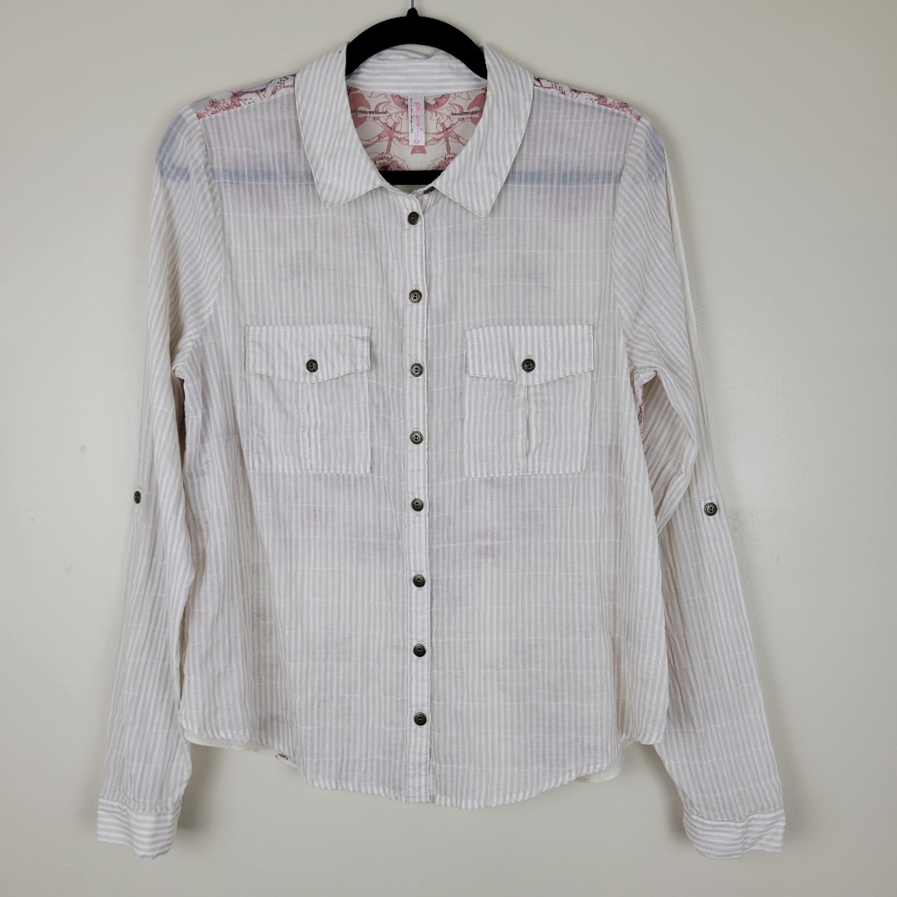 Free People White Stripe Button-Down Shirt with Pink Accents